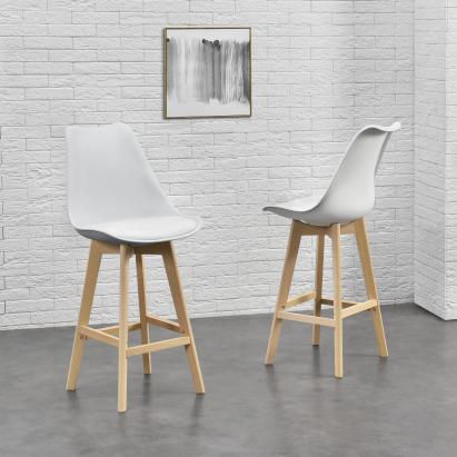 Set 4 scaune de bar Lublin albe cu spătar și picioare din lemn