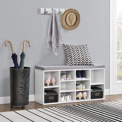 Schuhregal Ymir 103x30x48 cm 10 Ablageflächen Sitzbank Weiß/Grau en.casa