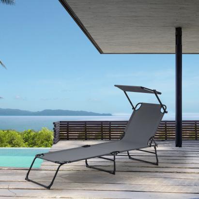 Șezlong pliabil de grădină și plajă cu copertină, gri închis, 187 cm