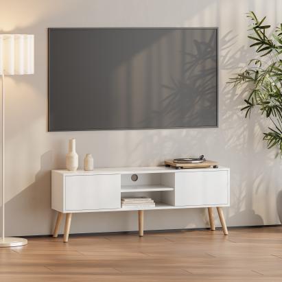 Comodă TV Eskilstuna albă cu 2 uși, 2 rafturi și picioare aspect stejar
