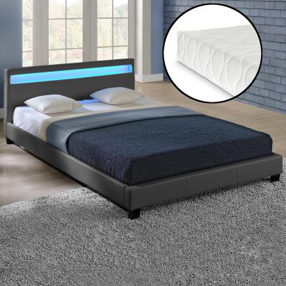 Pat tapițat Paris 140x200 cm cu LED RGB și saltea, gri închis