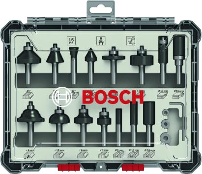 Set 15 freze Bosch HM cu tija 8 mm pentru lemn, in caseta