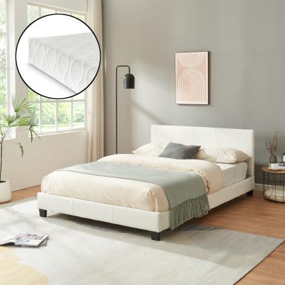 Pat tapitat Albacete 140x200 cm alb, cu saltea inclusa