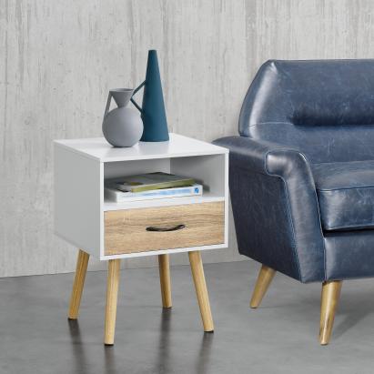 Beistelltisch Gävle 57x42x40 cm Weiß/Eiche [en.casa]