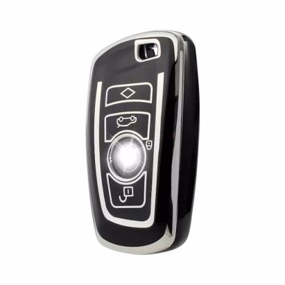 Husa cheie smartkey BMW Seria F 3/4 butoane, TPU negru cu contur silver