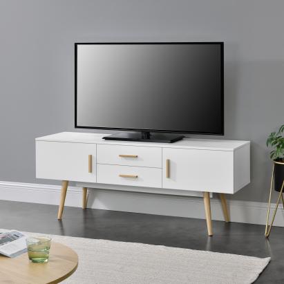 Comodă TV Alavus 140x40x56 cm albă, cu 2 uși și 2 sertare