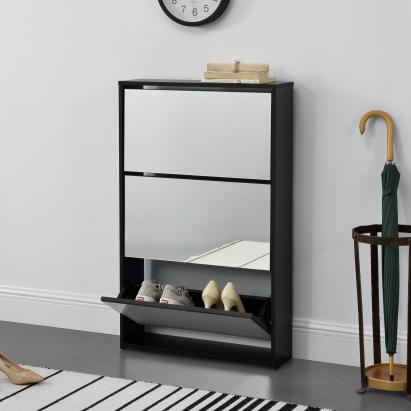 Pantofar Vogar cu 3 uși și oglindă, negru, 102,5x63x17 cm