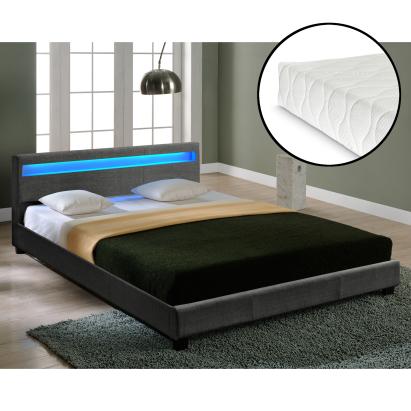 Pat tapițat Skagen 140x200 cm cu LED RGB și saltea, gri închis