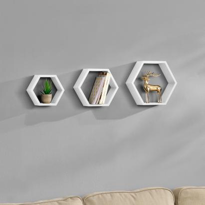 Set 3 rafturi de perete hexagonale albe Greiz, design retro