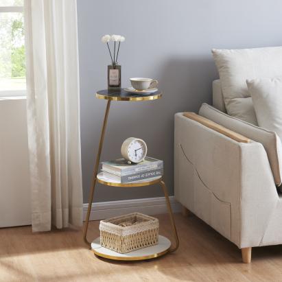 Măsuță laterală Sipoo cu 3 polițe, aspect marmură alb-negru