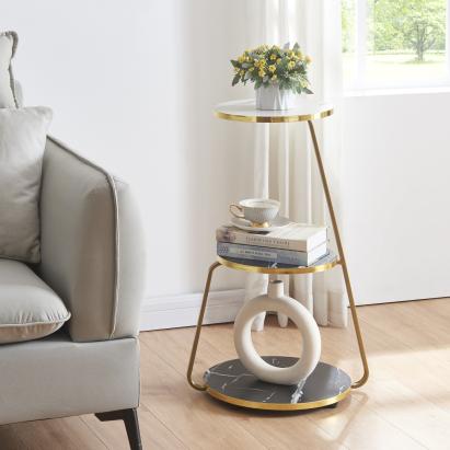 Masă laterală Sipoo cu 3 rafturi, aspect marmură negru/alb, 74x46x37 cm