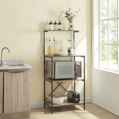 Raft de bucătărie Billund cu 4 polițe, negru și finisaj nucă