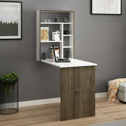 Birou pliabil de perete cu rafturi Greve, alb și nucă