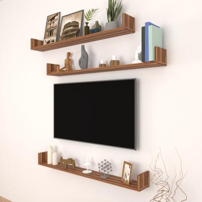 Set 3 rafturi de perete Höganäs, 120x15x12 cm, finisaj nuc