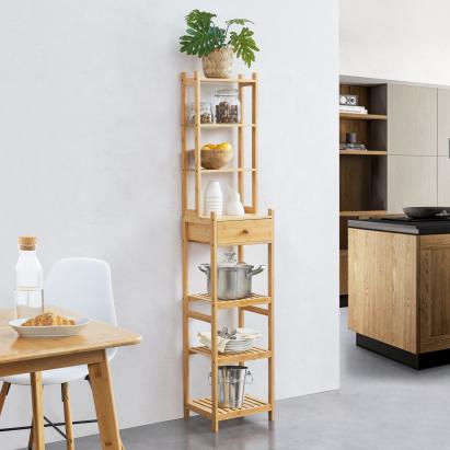 Raft înalt din bambus cu sertar pentru baie și bucătărie, 163 cm