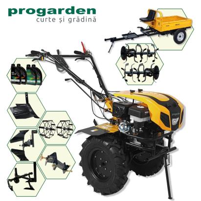 Pachet motocultor ProGARDEN Campo 1844 18CP cu remorca 500 kg si accesorii