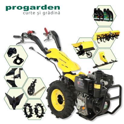 Pachet motocultor diesel ProGarden Campo U12E 12CP cu freza, pluguri si cositoare