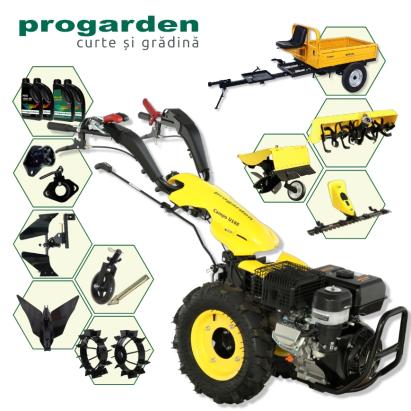 Pachet motocultor ProGARDEN Campo U16E 14CP cu remorca 500 kg si accesorii