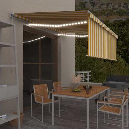 Copertină retractabilă manual cu stor&LED, galben&alb, 4x3 m GartenMobel Dekor
