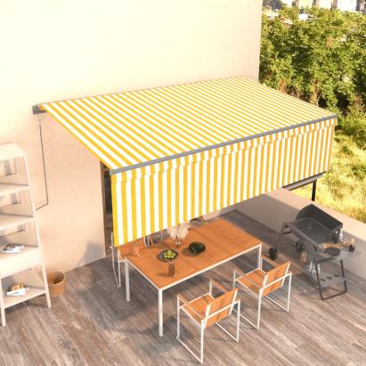 Copertină retractabilă manual cu stor, galben&alb, 5x3 m GartenMobel Dekor