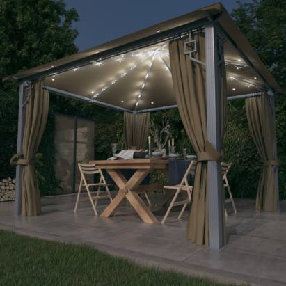 Pavilion cu perdele&șiruri lumini LED gri taupe 3x3 m aluminiu GartenMobel Dekor