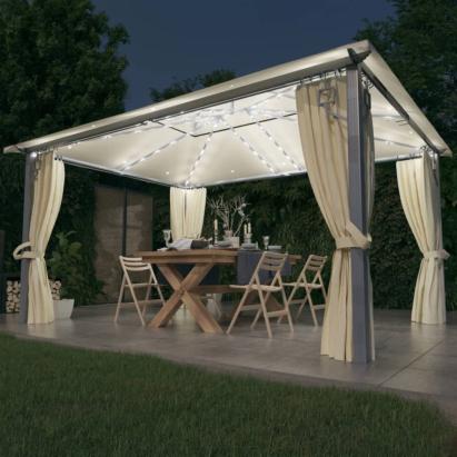 Pavilion cu perdele & șiruri lumini LED, crem, 4x3 m, aluminiu GartenMobel Dekor
