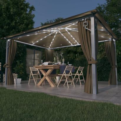 Pavilion cu perdele&șiruri lumini LED gri taupe 4x3m aluminiu GartenMobel Dekor