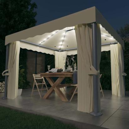 Pavilion cu perdele & șiruri lumini LED, alb crem, 3x3 m GartenMobel Dekor