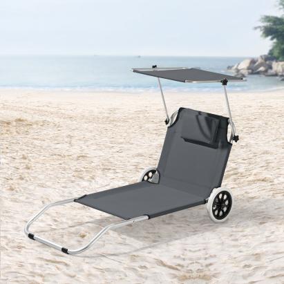 Șezlong pliabil Lazkano cu roți și parasolar reglabil, gri închis