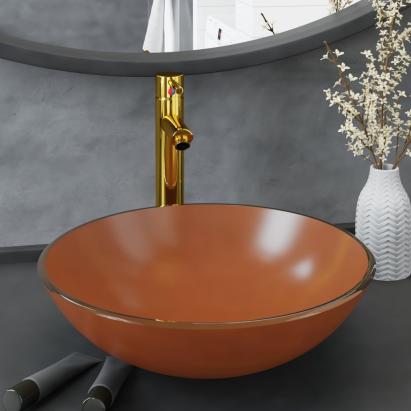 Chiuvetă baie, robinet și scurgere tip push, maro sticlă călită GartenMobel Dekor