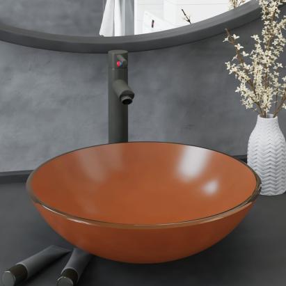 Chiuvetă baie, robinet și scurgere tip push, maro sticlă călită GartenMobel Dekor