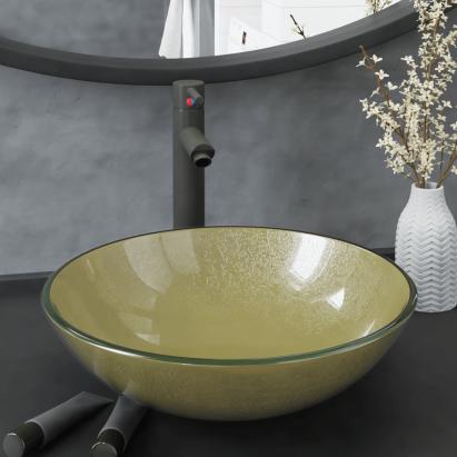 Chiuvetă baie cu robinet și scurgere tip push, sticlă aurie GartenMobel Dekor