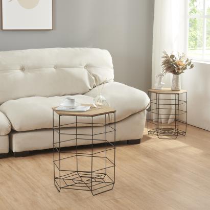 Beistelltisch-Set Hørsholm 2er Set Metallkorb Schwarz / Holzfarben [en.casa]