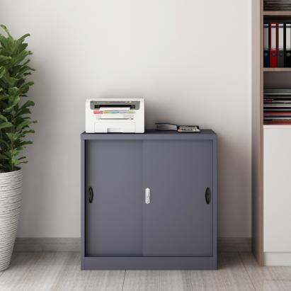 Dulap metalic de birou Rieti cu uși glisante, 90x40x90 cm, gri închis