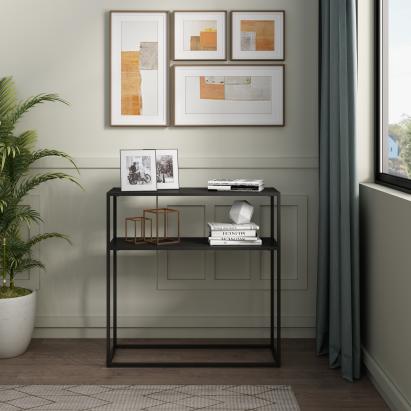 Masă consolă Kuhmo neagră din metal, cu poliță, 80x80x30 cm