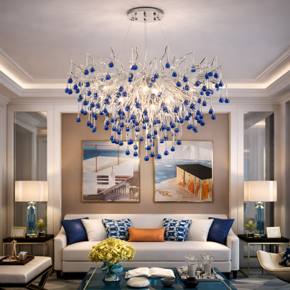 Candelabru Cristal CC335/600CH, 9x G9, Crom si Cristale Albastre, 60cm, Inaltime Reglabila