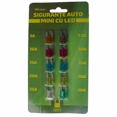 Set 10 sigurante auto mini cu LED RoGroup 12V pentru protectie electrica