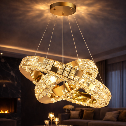 Lustra LED cu Telecomanda, LLC135/2GD, Cristal si Metal, 55W, 2 Cerc, Dimabila, Inaltime Reglabila, Lumina Rece/Calda/Neutra 3000K/4000K/6000K, Iluminat Luxos