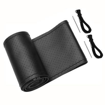 Husă volan din piele naturală perforată, neagră, cu ac și ață, 38 cm