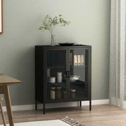 Sideboard Fauske mit Glastüren Schwarz [en.casa]