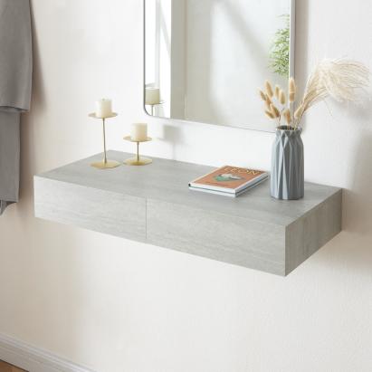 Raft suspendat de perete cu 2 sertare, aspect beton, 80 x 35 cm