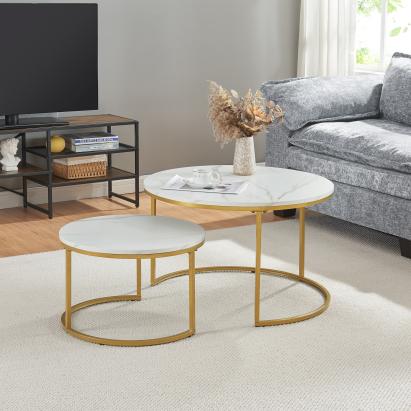 Couchtisch Christchurch 2er Set Marmoroptik, Weiß/Gold [en.casa]