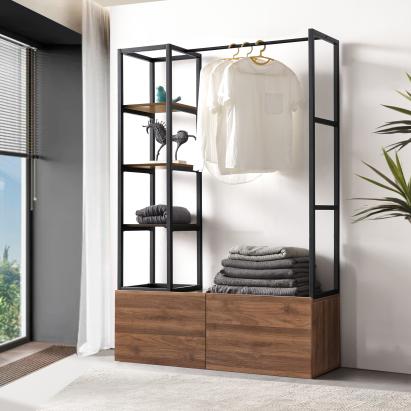 Garderobă Egmating cu bară de haine, 2 sertare și rafturi, nucă/negru