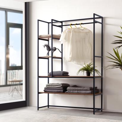 Garderobă cu bară pentru haine și rafturi Horgau, nucă/negru, 180x120x40 cm