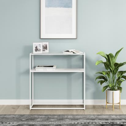 Consolă pentru hol Kuhmo albă cu blat din sticlă securizată