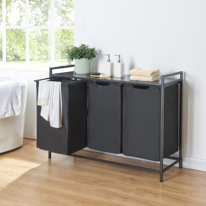 Coș de rufe Saltvik cu 3 compartimente și poliță, negru, [en.casa]