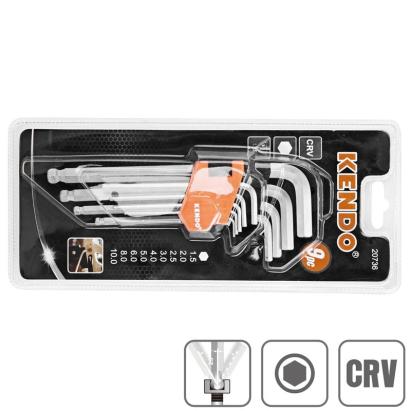 Set chei hexagonale L cu bila din otel CRV, 9 piese, 1.5-10 mm
