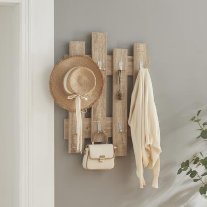 Cuier de perete Raseborg 60x80 cm cu 16 cârlige, finisaj stejar