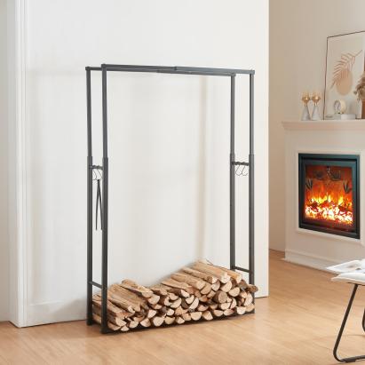 Raft reglabil pentru lemne de foc Kasan, oțel negru, cu 4 cârlige