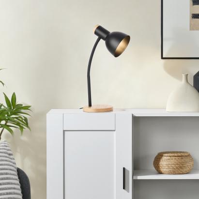 Lampă de birou Woodley negru cu lemn și abajur reglabil
